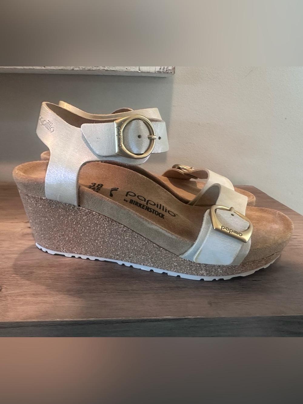 Birkenstock Papillio Cream Wedge Sandals with Gold Buckles EU 38